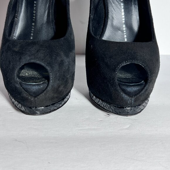 Giuseppe Zanotti Blk Suede Snakeskin High Heel Peeptoe Slingback Pump Sz 8.5 - Picture 10 of 15